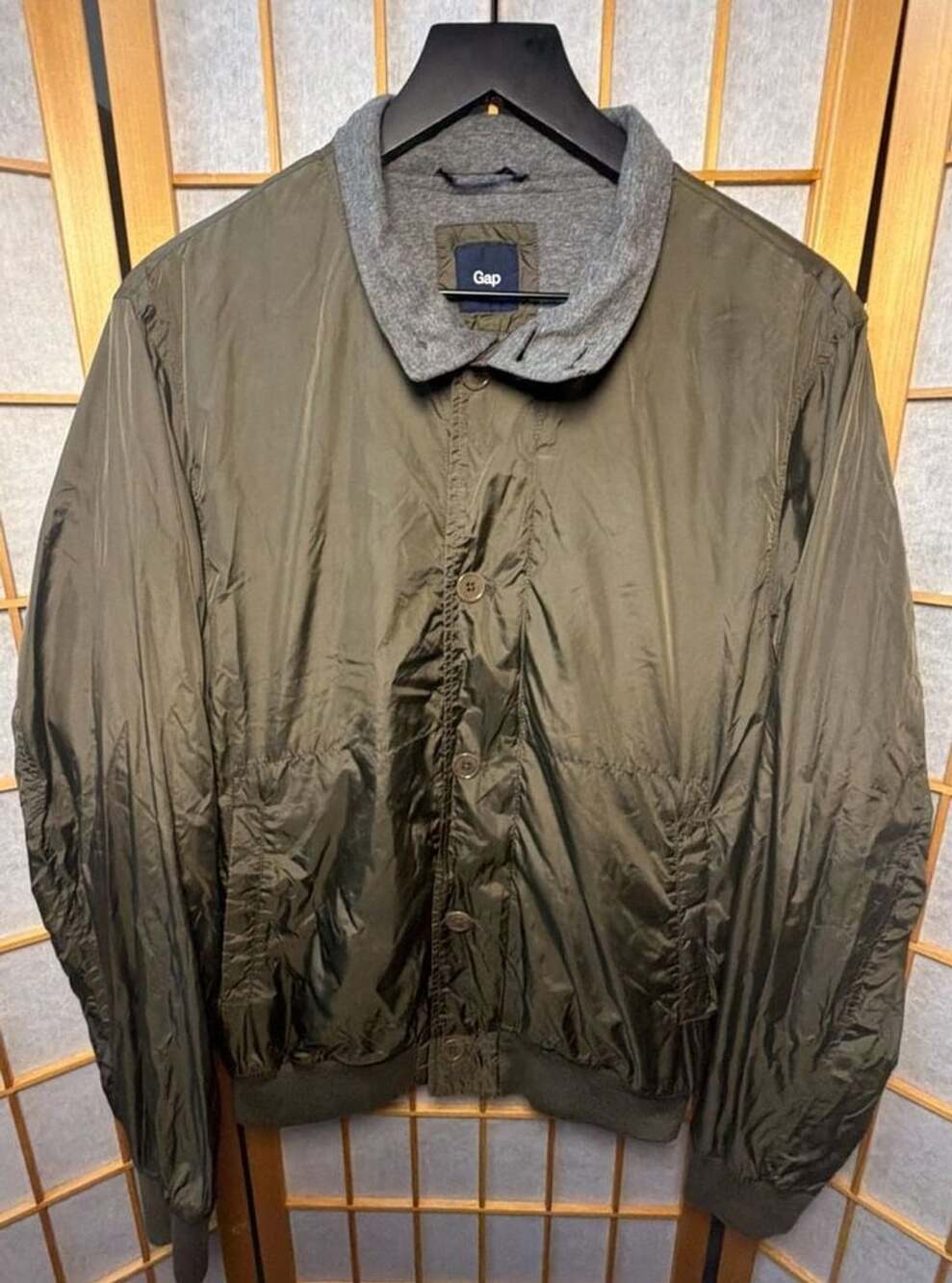 Gap Bomber Jacket Size M Olive Green Nylon Snap Front Knit Collar